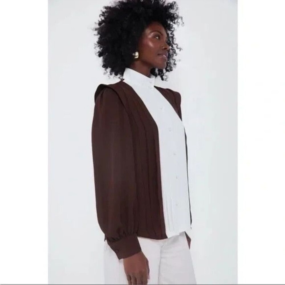 Tuckernuck X India Hicks Chocolate Brown and Cream Blouse xs 4 oversized - Picture 9 of 10